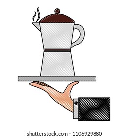 hand holding coffee maker on tray