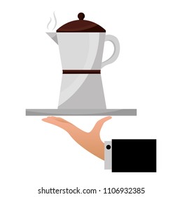 hand holding coffee maker on tray