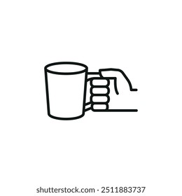 Hand holding coffee mug icon in a minimal line art style, ideal for representing beverages like coffee or tea. Perfect for food and drink-related designs, cafe branding. Vector illustration