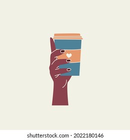 Hand holding coffee mug isolated vector illustration. Morning beverage minimalistic design element. Cappuccino, latte sign in simple style