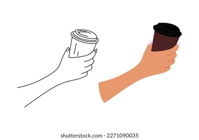 Hand holding coffee mug in linear   flat style isolated white background  Morning beverage  Vector illustration