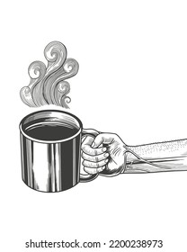 Hand holding coffee mug, vector vintage Illustration