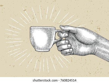 Hand holding coffee mug Illustration vintage style Coffee logo