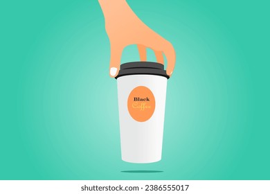 Hand holding a Coffee paper cup isolated on green background. Mockup. Vector illustration.