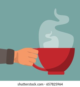 Hand holding coffee red mug in office. coffee break or breakfast in morning Vector Illustration.