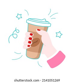 Hand Holding Coffee. Take away Hot Drink. Vector illustration