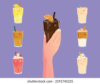 Hand holding coffee. Types of coffee, iced coffees vector illustration. Americano, cappuccino, latte, espresso, americano, mocha, frappuccino, milkshake, lemonade, drip coffee.