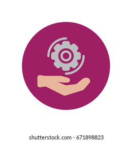 Hand holding cog wheel flat icon. Round colorful button, Gear settings circular vector sign, logo illustration. Flat style design