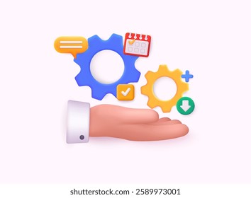 Hand holding cogwheel gear, setting symbol. Technical support, repair, optimization and workflow concept. 3D Web Vector Illustrations.