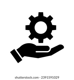 Hand holding cogwheel icon, Gear in hand sign, Maintenance service guarantee, Setting and repair sign, Installation and support, Isolated on white background, Vector illustration