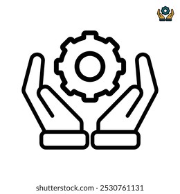 Hand holding cogwheel icon, Gear in hand sign, Maintenance service guarantee, Setting and repair sign, Installation and support. outline design style 