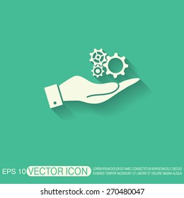 hand holding a cogwheel, icon setting and repair