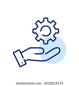 Hand holding a cogwheel. Manual control and precision. Hands-on customization and adjustment pixel perfect vector icon