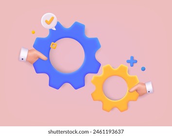 Hand holding cogwheels. Concepts for business analysis and planning, consulting, team work. 3D Web Vector Illustrations.