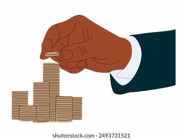 A hand is holding a coin and is about to drop it into a pile of coins. Finance and investments business concept. Vector flat colorful illustration isolated on white background.