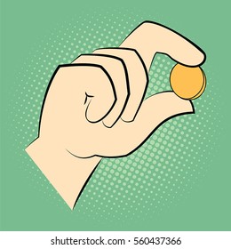 Hand Holding A Coin Between Two Fingers. Pop Art Retro Style