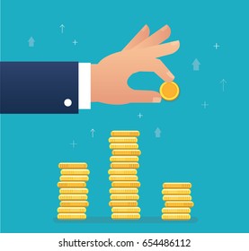 hand holding coin and build coin graph, business concept vector illustration