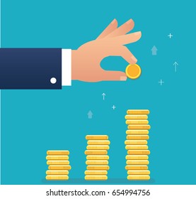 hand holding coin and build coin graph, business concept vector illustration