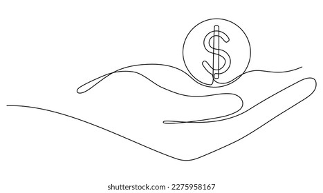 Hand holding coin cent continuous one line drawing art. Dollar linear symbol. Savings money concept. Vector isolated on white.