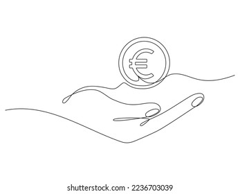 Hand holding coin continuous one line drawing art. Euro linear symbol. Savings money concept. Vector isolated on white. svg