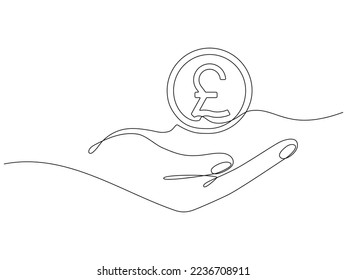 Hand holding coin continuous one line drawing art. Pound sterling linear symbol. Savings money concept. Vector isolated on white.