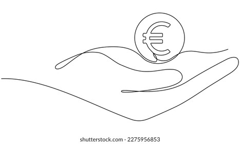 Hand holding coin continuous one line drawing art. Euro linear symbol. Savings money concept. Vector isolated on white.	