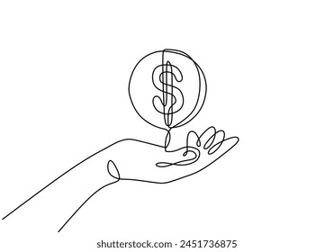 Hand holding coin continuous one line drawing art with dollar symbol.