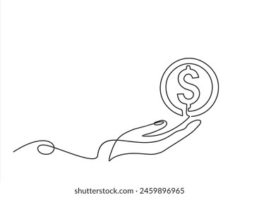 Mano sosteniendo la moneda de una línea continua dibujo arte. símbolo lineal de dólar. Concepto de ahorro. Vector aislado en blanco.