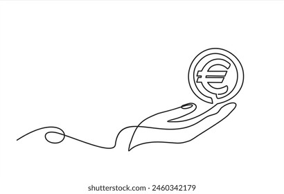 Hand holding coin continuous one line drawing art. Euro coin linear symbol. Savings money concept. Vector isolated on white.