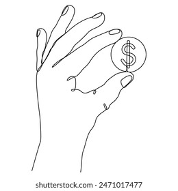 Hand holding coin continuous one line drawing art. Dollar linear symbol. Savings and investment concept. Vector illustration isolated on white.