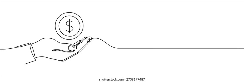 Mão segurando moeda contínua um desenho de linha. Símbolo linear do dólar. Economia conceito de dinheiro.