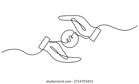 Mão segurando moeda contínua uma linha desenhando arte. símbolo linear dólar. Economia conceito de dinheiro. Desenho contínuo de uma linha de moeda de dólar. Vetor isolado no branco. Estrutura de tópicos editável