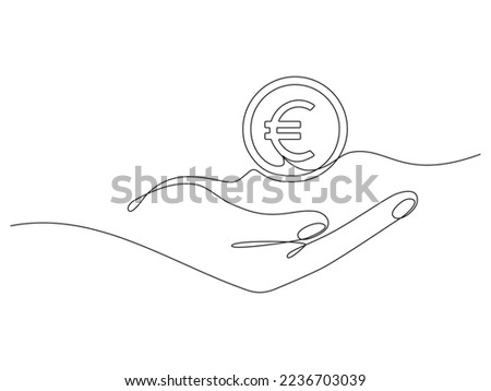 Hand holding coin continuous one line drawing art. Euro linear symbol. Savings money concept. Vector isolated on white.