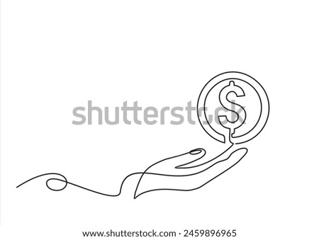Hand holding coin continuous one line drawing art. Dollar linear symbol. Savings money concept. Vector isolated on white.