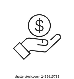 Hand holding coin with dollar sign. Return money, cash back rebate. Thin line vector icon on white background.