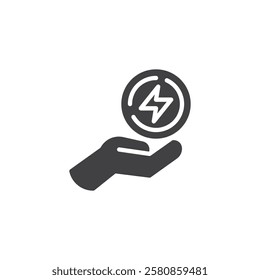 A hand holding a coin with an energy vector icon. filled flat sign for mobile concept and web design. Energy Incentives glyph icon. Symbol, logo illustration. Vector graphics