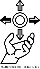 A hand is holding a coin with four arrows pointing in different directions