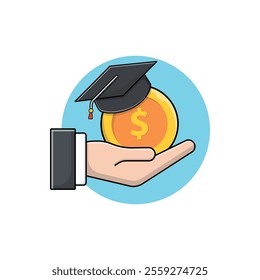 Hand Holding Coin with Graduation Hat Vector Illustration. Student Loan Concept Design