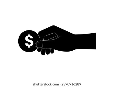 Hand Holding Coin Icon Silhouette Black and White. Vector Illustration. Growing Money, Saving and Investment Concept. 