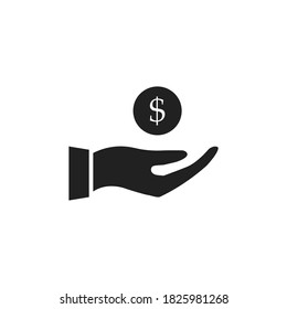 Hand holding coin icon. Vector illustration isolated on white. Finance concept. Arm and money black outline.