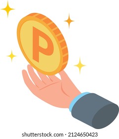 A hand holding a coin with the image of a point