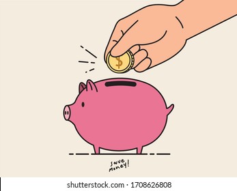 Hand holding coin to insert in cute piggy bank for saving money. Concept of kid saving money. Cartoon character vector for children to learning about saving money. Flat style illustration. 