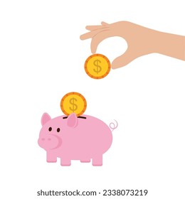 Hand holding coin to insert to pink piggy bank isolated on background. Concept of saving money, investing, financial management, bank deposit. finance. Flat vector illustration