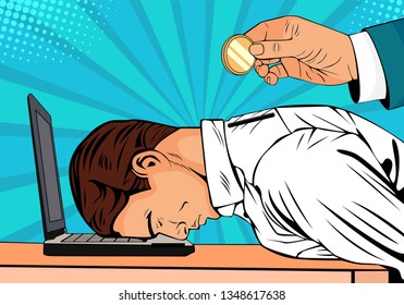 Hand holding coin inserting into back of businessman. Tired businessman on the laptop Vector business illustration of pay salary