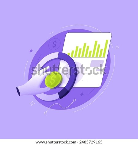 Hand holding coin inside pie chart in front of document with data. Budget 3D illustration concept. Planning financial activity of business company metaphor abstract flat vector graphic