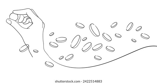 Hand holding a coin in line art style on a white background. Money in hand continuous line drawing. Vector illustration. 