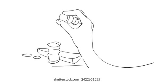 Hand holding a coin in line art style on a white background. Money in hand continuous line drawing. Business and finance. Vector illustration. 