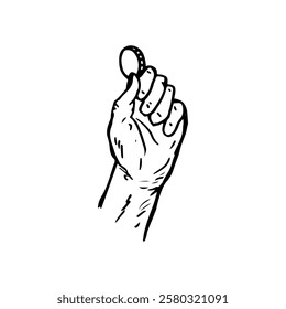 Hand holding a coin money doodle cartoon sketch hand-drawn vector.