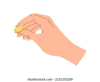 Hand holding coin. Money squeezed in fingers. Cash, dollar change in arm. Gold cent. Finance bonus, cashback, financial donation concept. Flat vector illustration isolated on white background