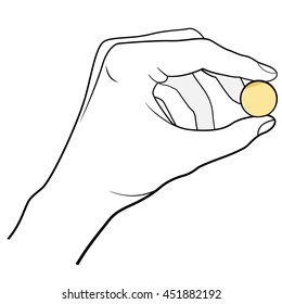 Hand holding a coin. Outline vector illustration.